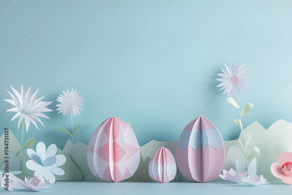 Easter eggs with flowers in paper art technique on a blue background