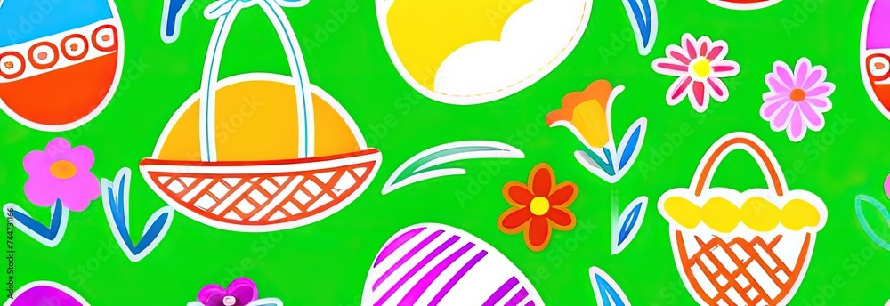 Holiday celebration banner with cute Easter decorated eggs and spring flowers on green spring meadow. Flowers in landscape. Happy Easter greeting card, banner, festive background.Copy space. Holiday celebration banner with cute Easter decorated eggs and spring flowers on green spring meadow. Flowers in landscape. Happy Easter greeting card, banner, festive background.Copy space.