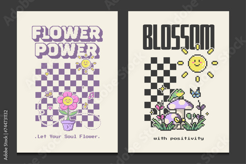 groovy hippie 70s posters in pixel art, vector illustration  © Gumey