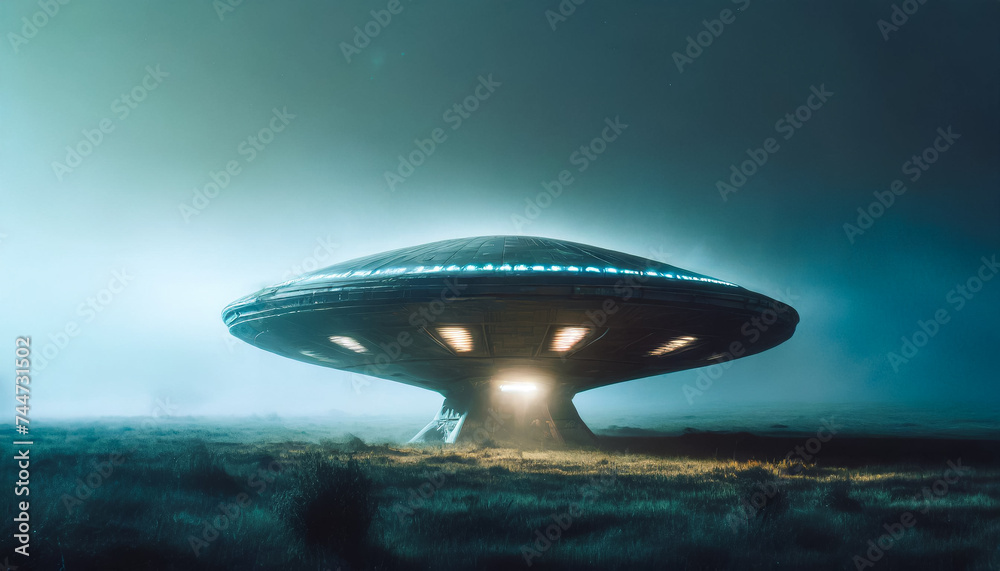Moody painting of big UFO outer space transportation landing in foggy misty ocean landscape. Blue lights lighting up in spooky scenic location. Moody painting of big UFO outer space transportation landing in foggy misty ocean landscape. Blue lights lighting up in spooky scenic location.
