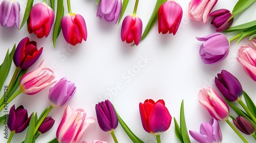 Frame of pink, red and purple tulips on a white background