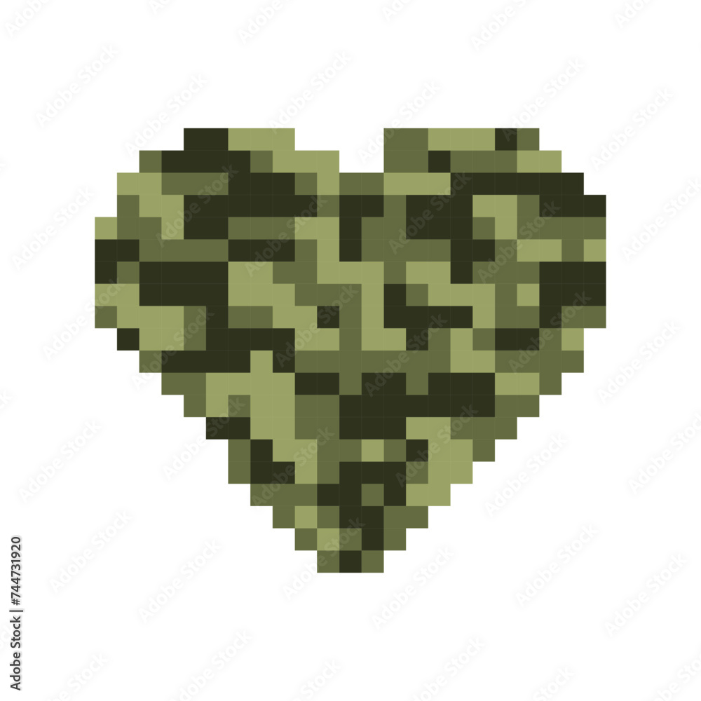Fototapeta premium khaki camouflage pixel heart on isolated white background. Military brave heart as a sticker