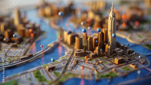 Discover urban navigation: detailed 3d render of city map with pin pointers - perfect for navigation apps, travel blogs, and business presentations 