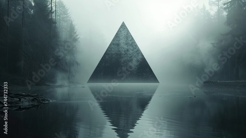 Mysterious pyramid emerging from misty lake at twilight