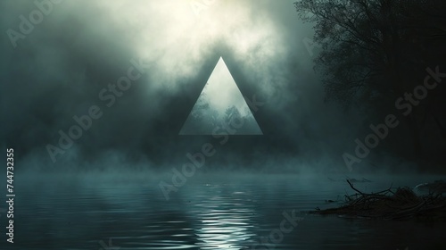 Mysterious triangle portal over misty lake at twilight