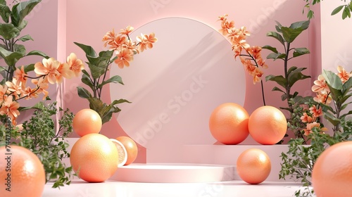 Elegant floral display with fresh oranges on pastel background