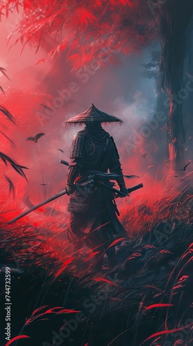 Mysterious samurai in misty red forest