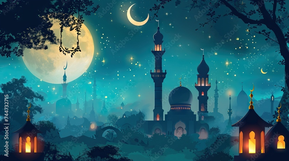 Serene ramadan scene with crescent moons, stars, and mosque silhouettes