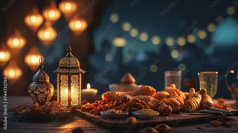 Obraz premium Festive ramadan iftar table setting with lanterns