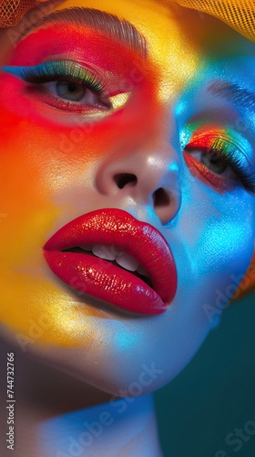 Close-up of a young woman with bold multicolored makeup and striking red lips