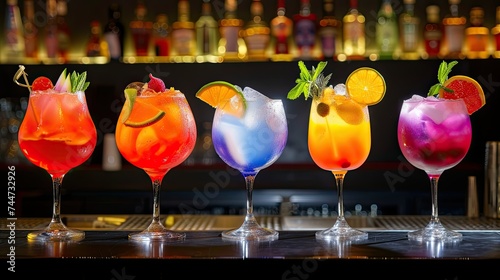 Exotic drinks lined up on a beach bar, a visual feast of color and flavor.