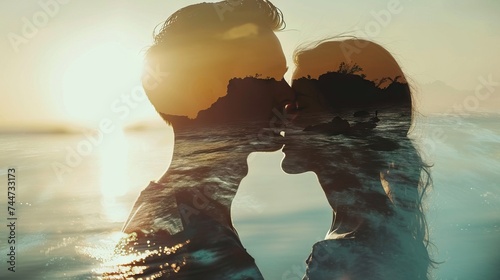 Intertwined spirits - couple's silhouette with sunset beach landscape photo
