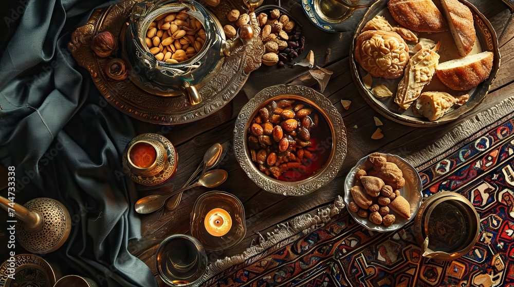 Traditional middle eastern tea setting with delicacies
