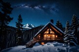 a mountain chalet surrounded by tall pine trees, with a wooden deck,