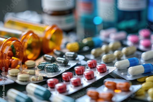 Variety of medications and pills on pharmacy counter photo