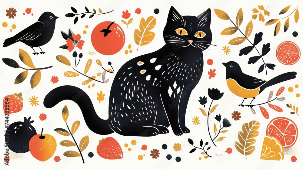 Obraz premium Folk art inspired illustration of black cat with nature motifs