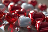 Glossy red and silver hearts on reflective surface