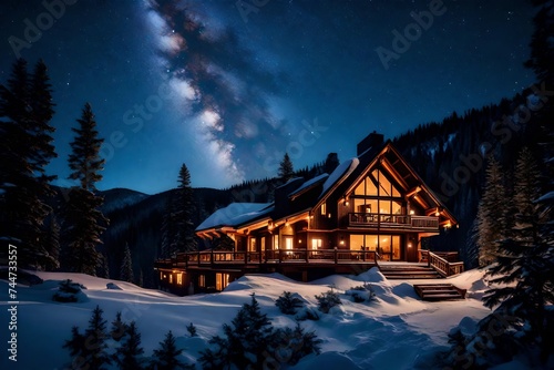 a mountain chalet surrounded by tall pine trees, with a wooden deck,