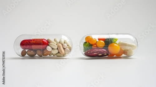 Nutritional supplement and vitamin supplements as a capsule with fruit vegetables, nuts and beans inside a nutritional pill. Close up 