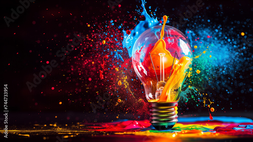 light bulb exploding, releasing a mesmerizing swirl of neon paint splashes in electric pink, lime green, and ultraviolet, illuminating the darkness with creativity and innovation. photo