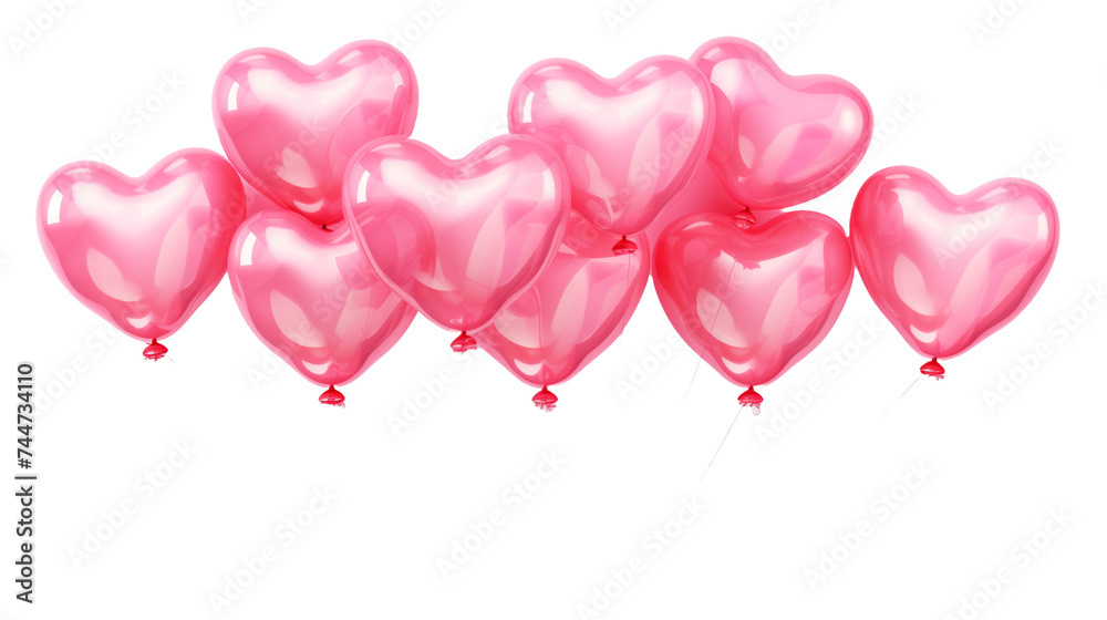 Pink heart-shaped balloons elegantly floating, isolated on a transparent background, each balloon reflecting light with a soft glow