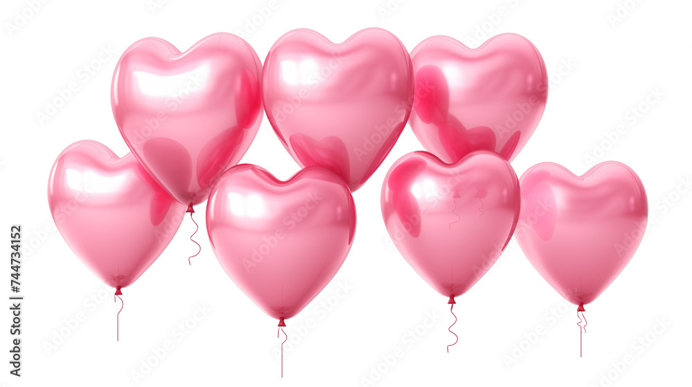Pink heart-shaped balloons elegantly floating, isolated on a transparent background, each balloon reflecting light with a soft glow Pink heart-shaped balloons elegantly floating, isolated on a transparent background, each balloon reflecting light with a soft glow