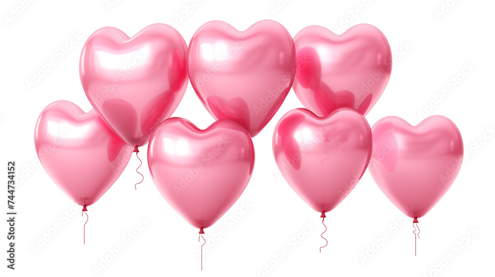 Pink heart-shaped balloons elegantly floating, isolated on a transparent background, each balloon reflecting light with a soft glow