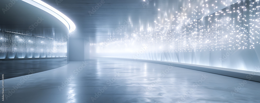 An empty 3D room with abstract lighting and technology elements, offering a clean and modern backdrop for various design applications.