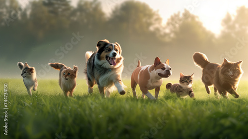 playful ensemble of dogs and cats, including a Poodle, a Siamese, a Rottweiler, and a Calico cat, energetically jumping