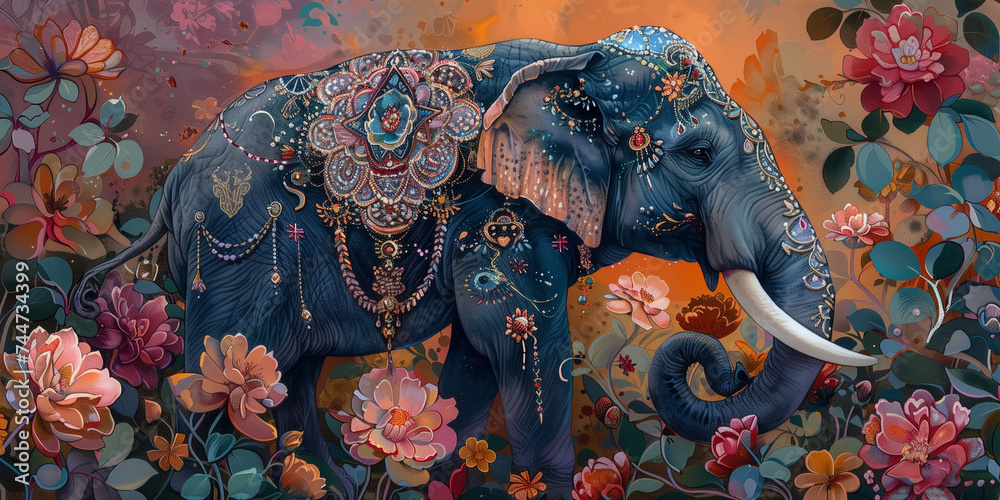 Obraz premium Colorful asian elephant in with Indian/Sri Lankan style dress and jewelleries and colorful background, Rainbow Elephant fantasy, generative ai