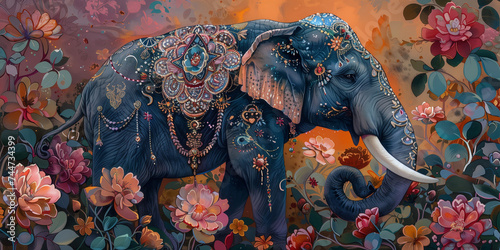 Colorful asian elephant in with Indian/Sri Lankan style dress and jewelleries and colorful background, Rainbow Elephant fantasy, generative ai