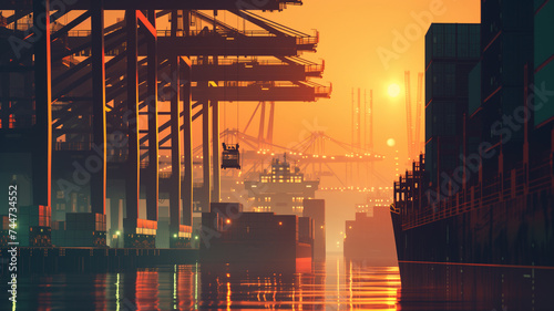 A twilight scene at an industrial port where silhouettes of massive container ships