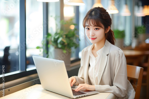 A whitecollar worker is at a table with a laptop, surrounded by houseplants