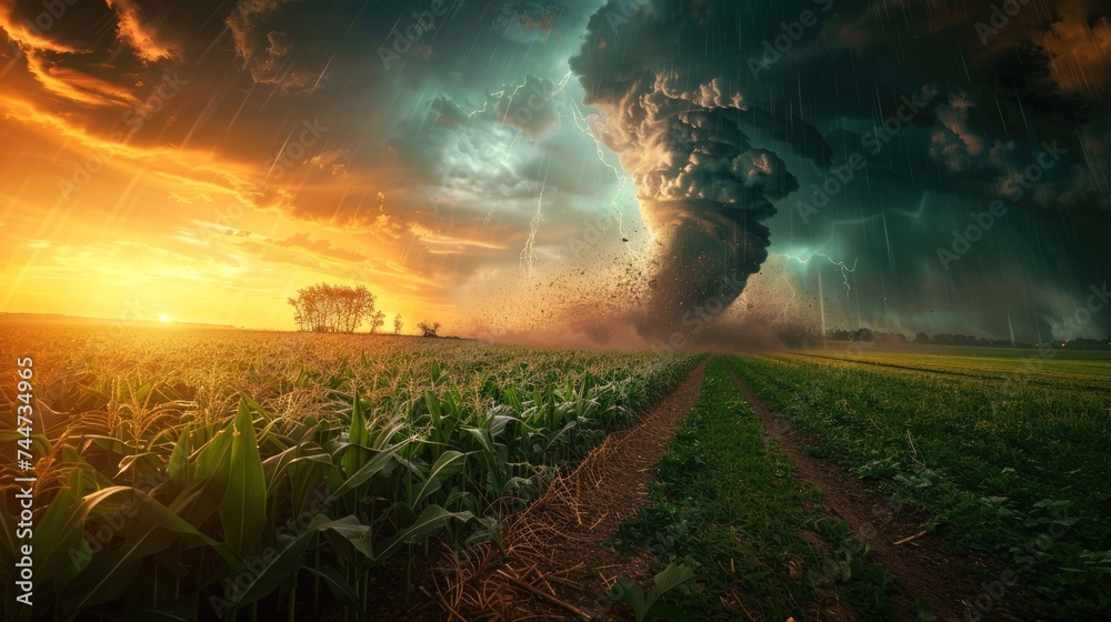 Tornado passing over a verdant farmland. Generative Ai. - obrazy, fototapety, plakaty 