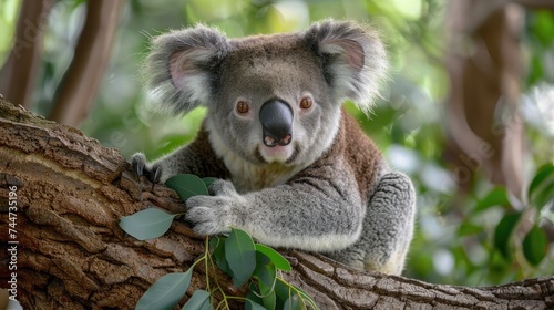 Koala in the jungle  zoo  perched on a eucalyptus tree. Generative Ai.
