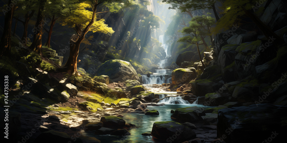 oil painting style serene waterfall nestled in a forest, capturing the harmony between the cascading water and the vibrant foliage. Generative AI oil painting style serene waterfall nestled in a forest, capturing the harmony between the cascading water and the vibrant foliage. Generative AI