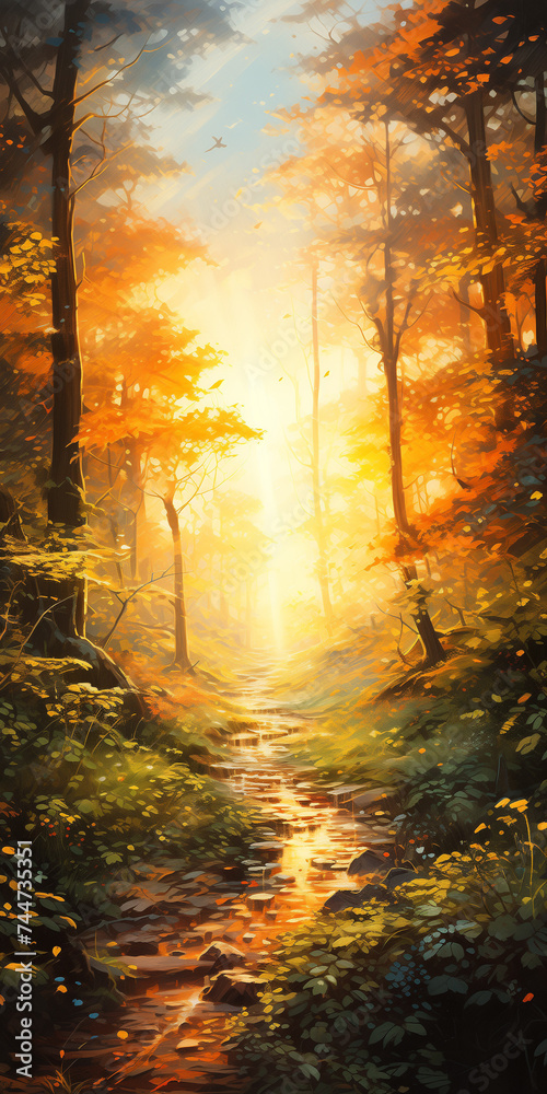Autumn watercolor/ oil painting landscape, colorful vibrant atmospheric background, the small footpath/ road between trees in sunrise Generative AI.