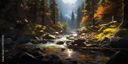 oil painting style serene waterfall nestled in a forest, capturing the harmony between the cascading water and the vibrant foliage. Generative AI photo