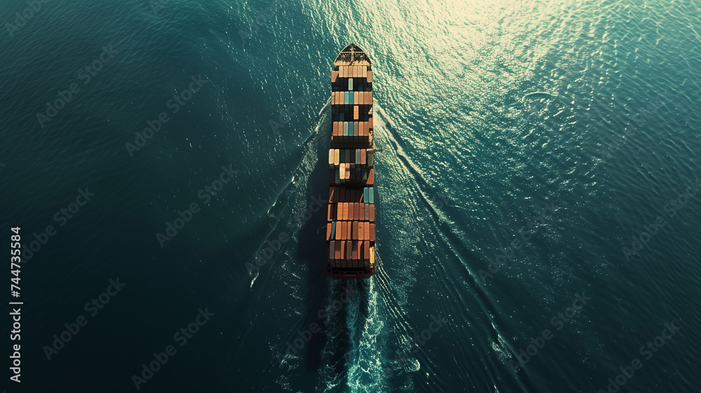 An aerial drone view capturing a massive container ship sailing through the open sea, its deck loaded with neatly arranged cargo containers. - obrazy, fototapety, plakaty 