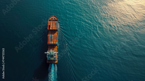 An aerial drone view capturing a massive container ship sailing through the open sea, its deck loaded with neatly arranged cargo containers.