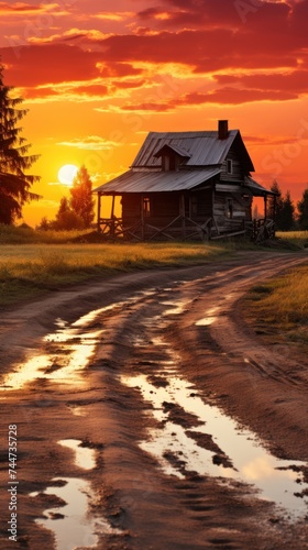 A dirt road leads towards a house with a colorful sunset in the background