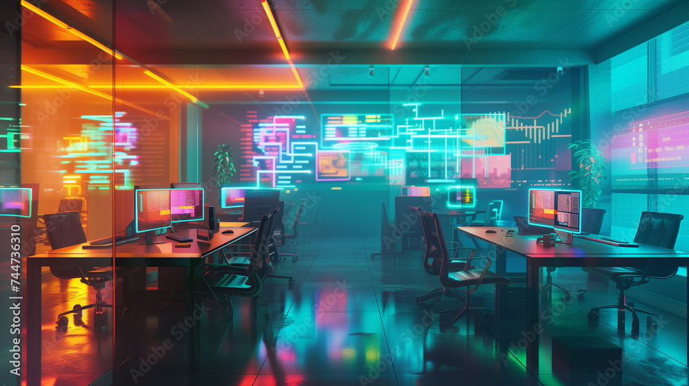 A futuristic open space office interior, where neon cyberpunk influences meet corporate technology. A futuristic open space office interior, where neon cyberpunk influences meet corporate technology.