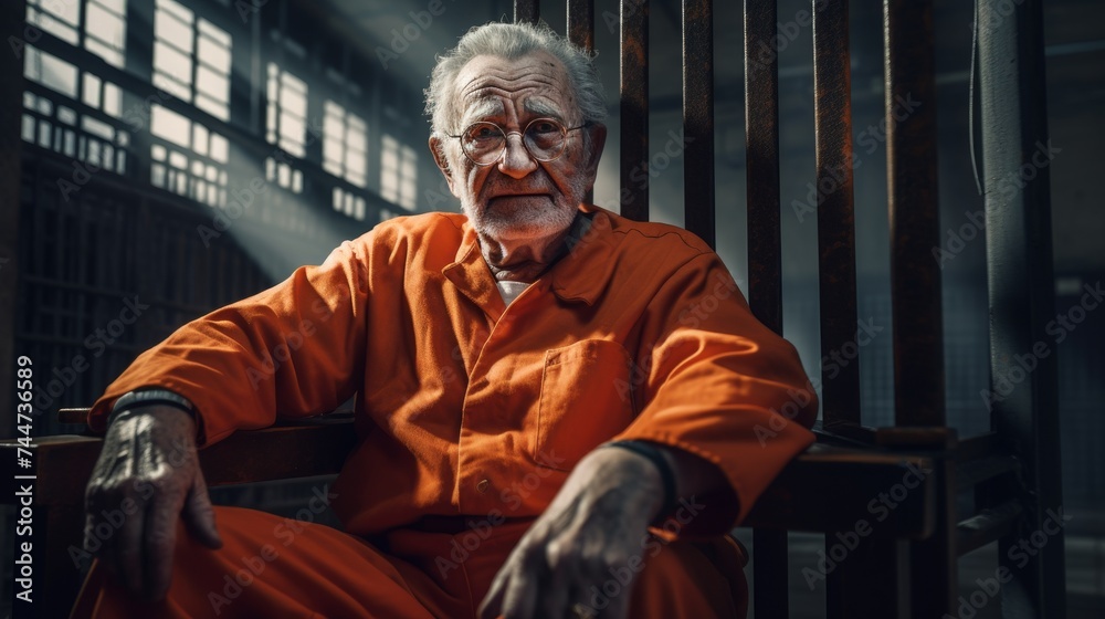 An elderly criminal in an orange prison uniform sits in prison.