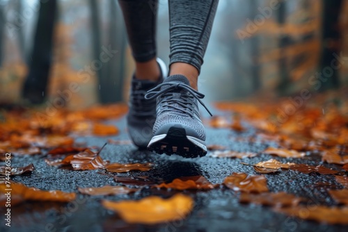 Forest Jogging, Forest Fitness Stride: Lifestyle Close-Up, Running Shoes on Trail, Action Shot Capturing Movement and Determination in the Natural Surroundings of an Outdoor Jog photo