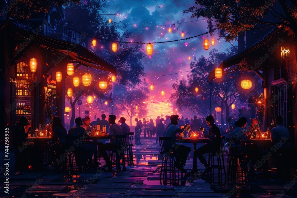 City Lights Celebration: Friends Toasting Drinks on a Bustling Bar Patio, Embracing the Energetic Nightlife Scene with Vibrant Neon Lights