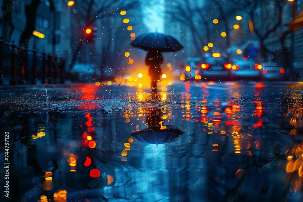 Rainy Gloomy Reflection, Urban Reflections: Close-Up of Person Holding Umbrella in Rainy City Day, Moody and Reflective Atmosphere Rainy Gloomy Reflection, Urban Reflections: Close-Up of Person Holding Umbrella in Rainy City Day, Moody and Reflective Atmosphere