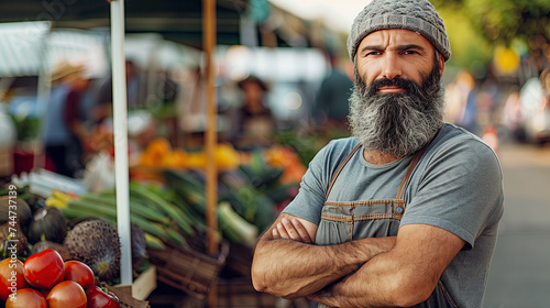 Portrait of a discontented stern elderly bearded man farmer in old peasant clothes at a local street farmer's market photo