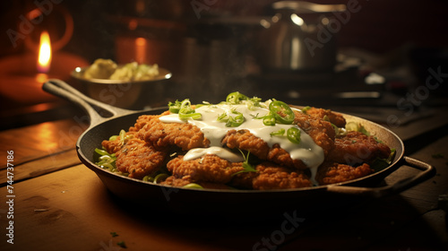 A crispy chicken fried steak with cheesy potatoes, herbs, and gravy.