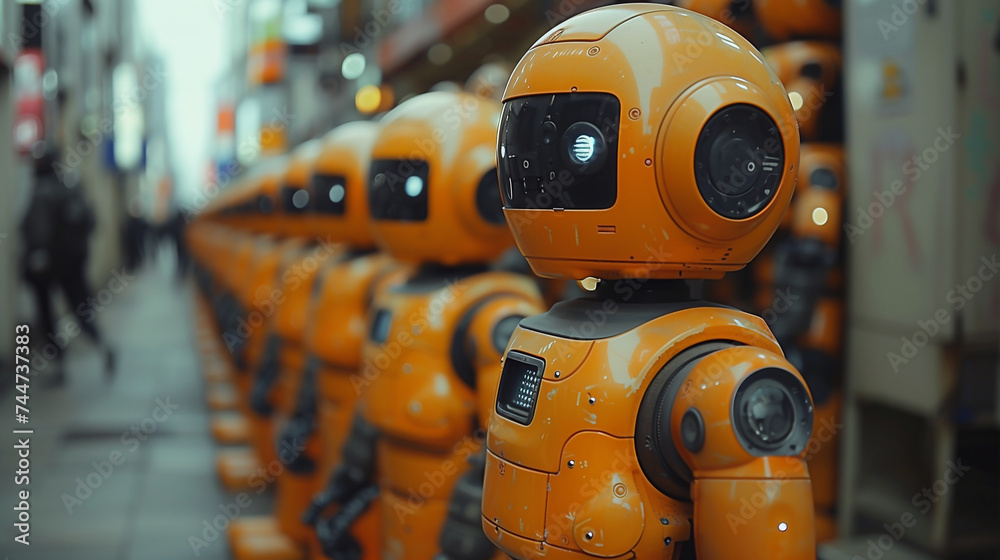 A row of friendly orange security robots on the street 