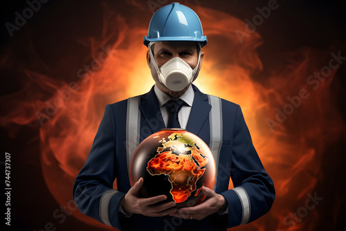 World day for safety and health at work concept. Planet earth and helmet with breathing mask symbol of safety and health protection in the workplace. photo